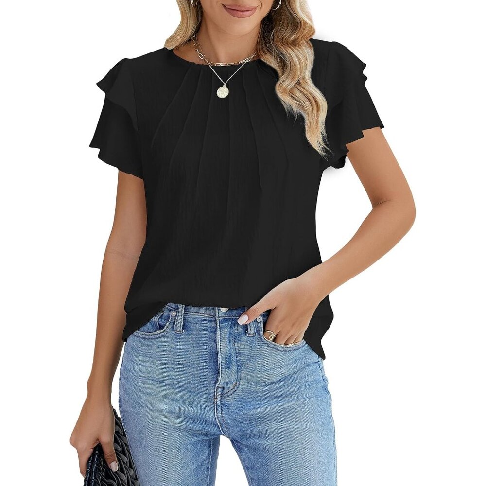 Women Dressy Casual Tops Short Sleeve Crew Neck Black Blouses for Summer Outfits